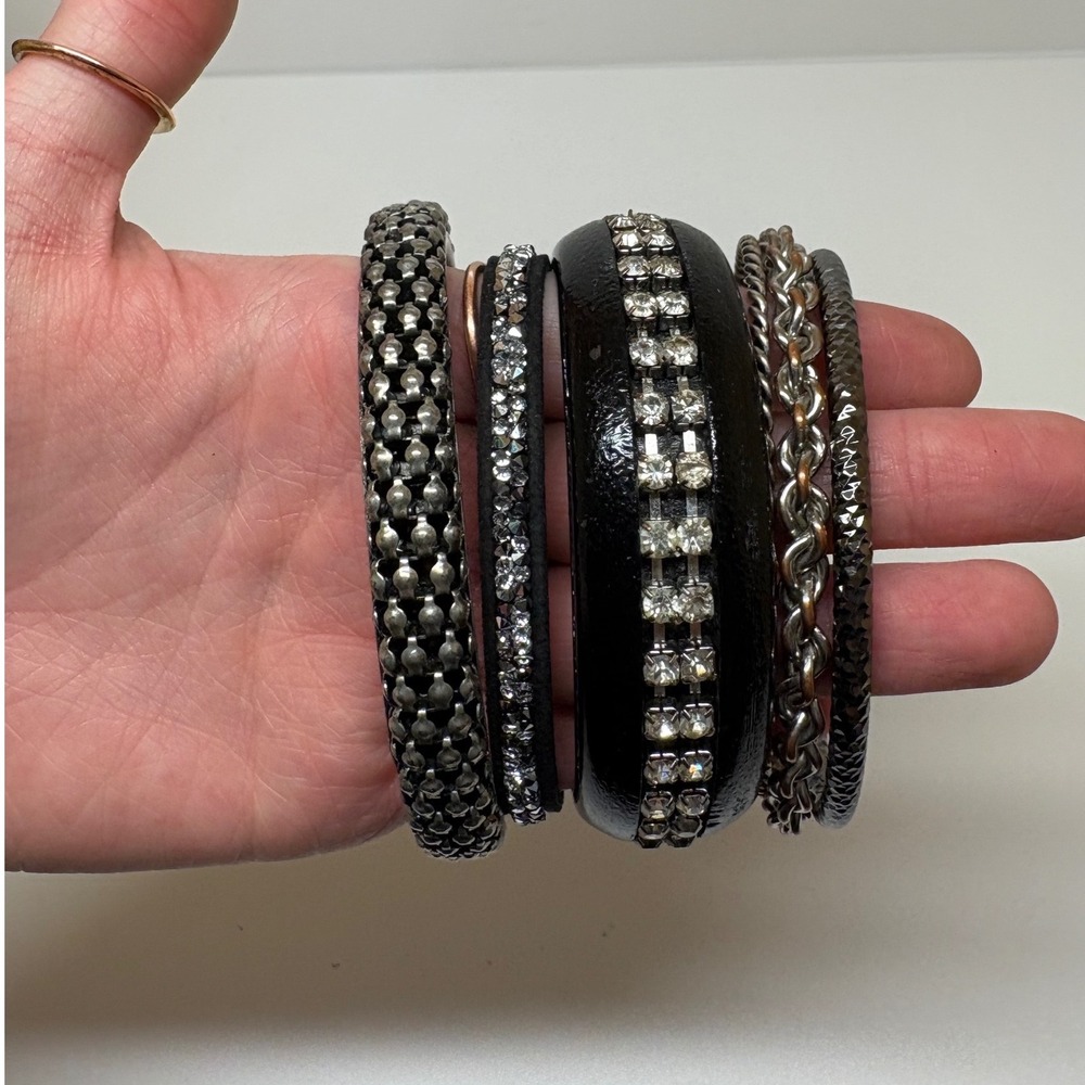 Mixed Black and Silver Tone Bracelet Set 6pc Rhinestone RC Logo Stacking Bangle